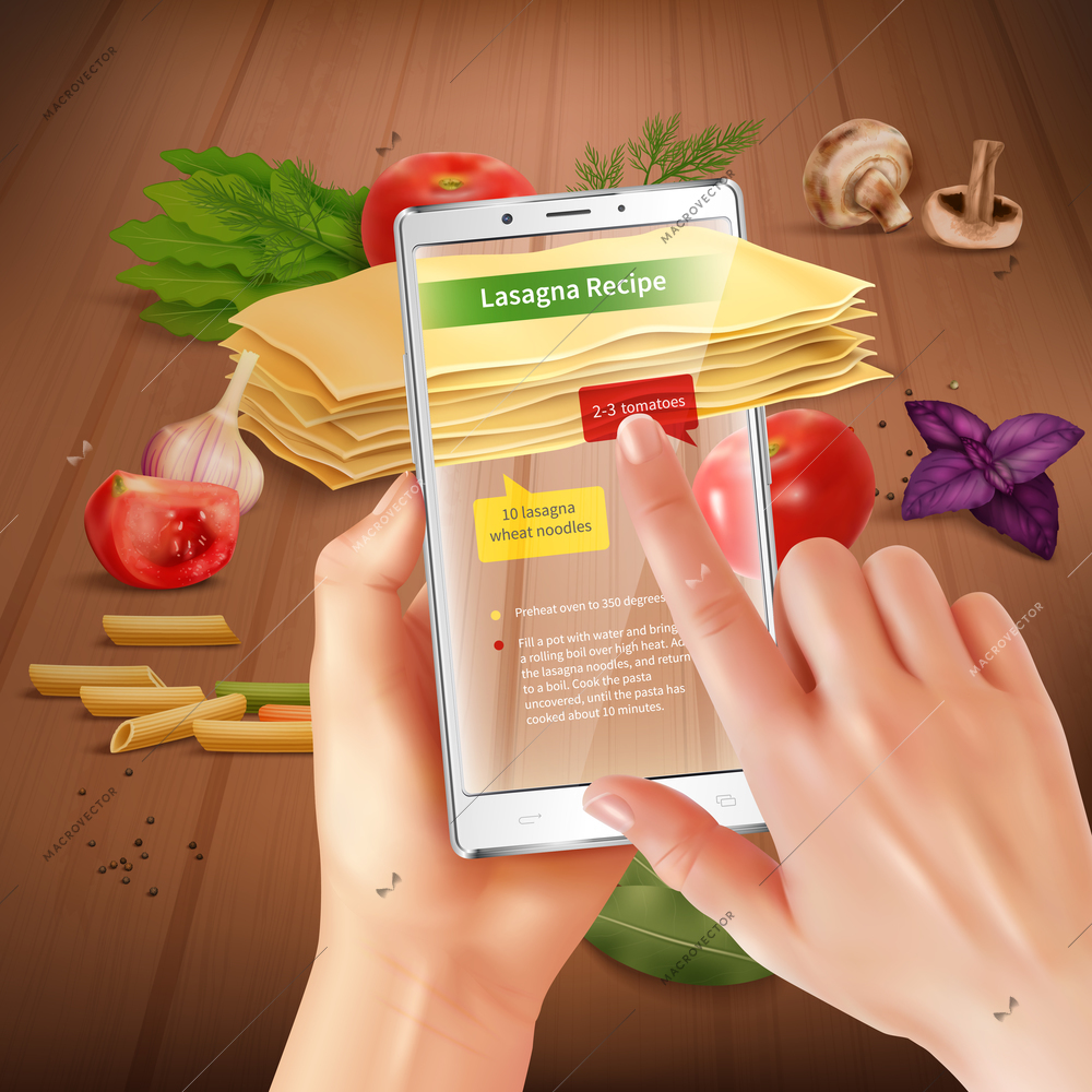 Smartphone augmented virtual reality touch screen cooking application recognizing lasagna ingredients suggesting recipe realistic composition vector illustration