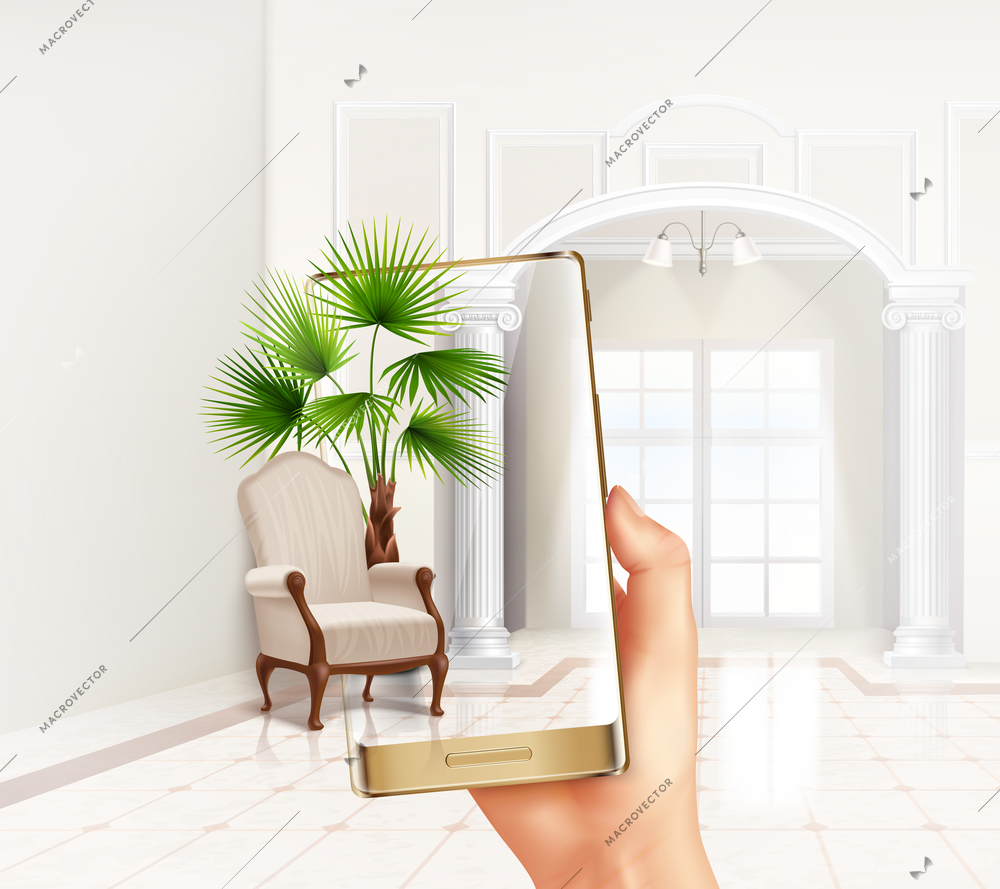 Smartphone augmented virtual reality touch screen interior application helps placing plants and furniture realistic composition vector illustration