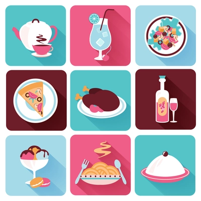 Restaurant food drink menu dishes decorative icons flat set isolated vector illustration