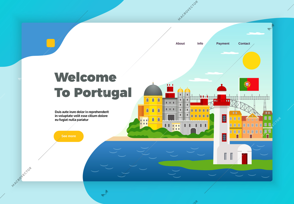 Explore Portugal page desidn with payment and contact symbols flat vector illustration