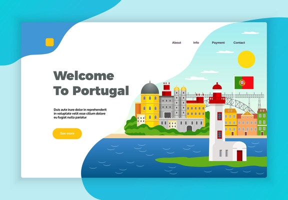 Explore Portugal page desidn with payment and contact symbols flat vector illustration