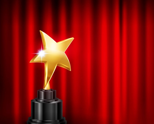 Trophy award red curtain background realistic composition with image of golden star shaped cup on pedestal vector illustration