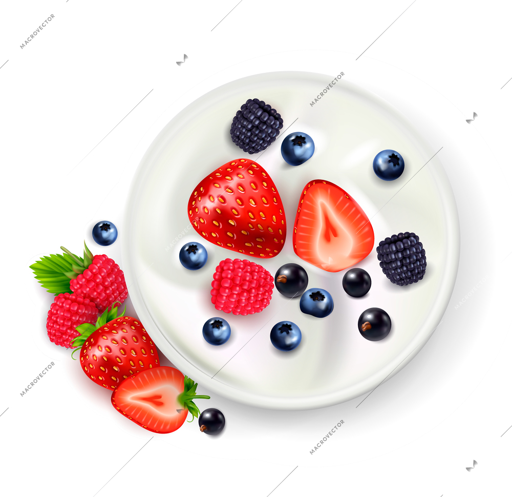 Berry fruit yogurt realistic composition with top view of yoghurt can with ripe berries and shadows vector illustration