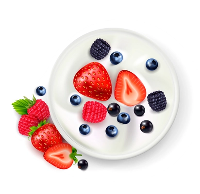 Berry fruit yogurt realistic composition with top view of yoghurt can with ripe berries and shadows vector illustration