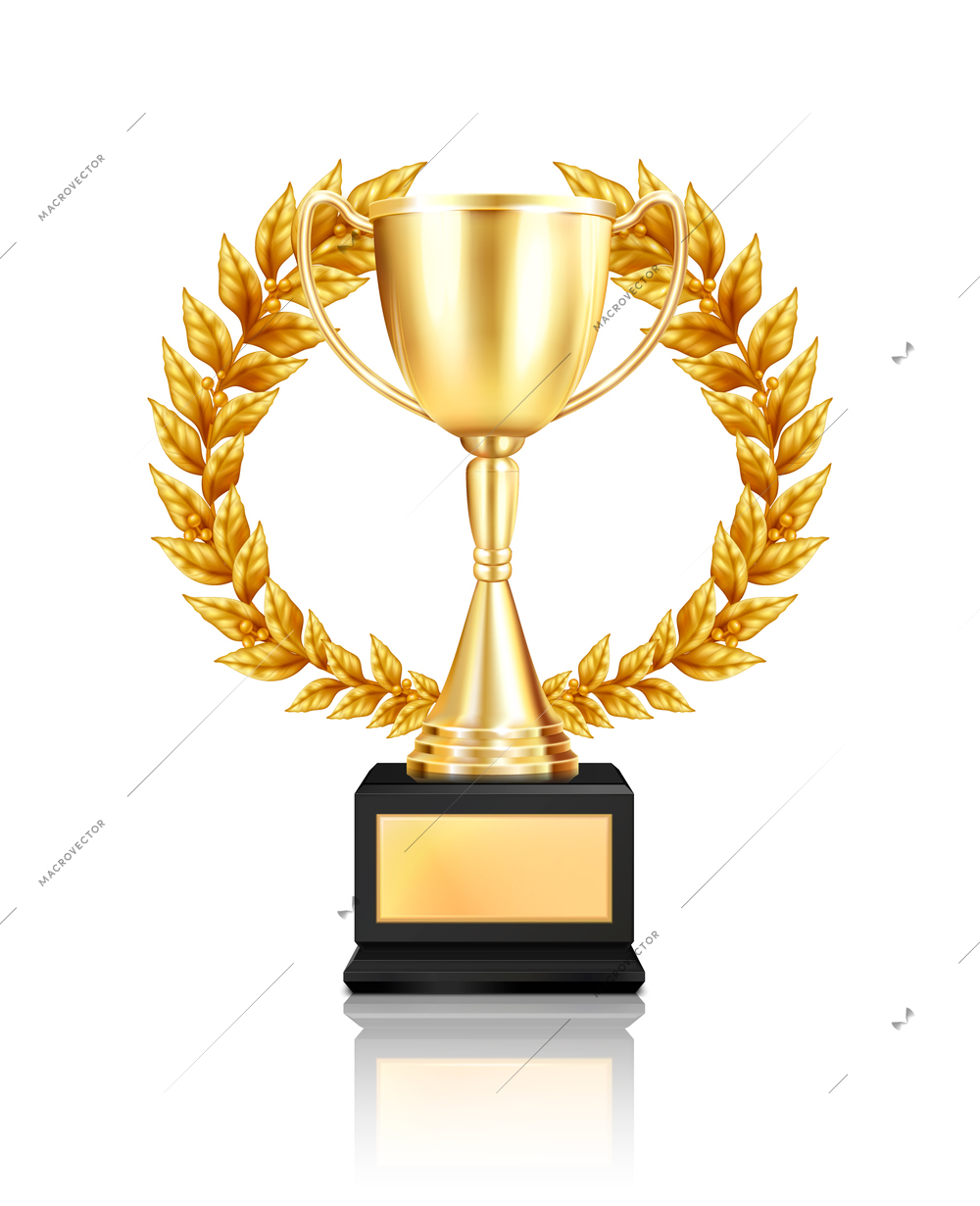 Trophy award laurel wreath composition with realistic image of golden cup decorated with garland with reflection vector illustration