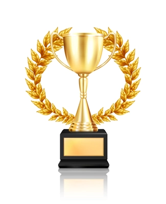 Trophy award laurel wreath composition with realistic image of golden cup decorated with garland with reflection vector illustration