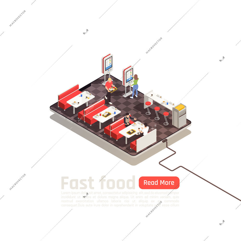 Fast food isometric poster with customers in self service cafe interior coming for eating vector illustration