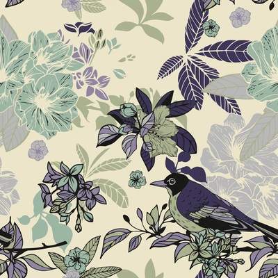 Silk flowers and birds seamless pattern vector illustration