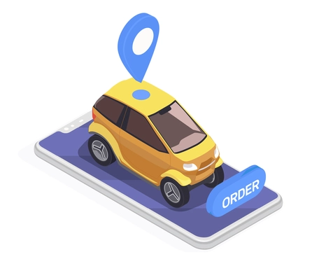 Transport isometric concept with smartphone and yellow electric car on white background 3d vector illustration