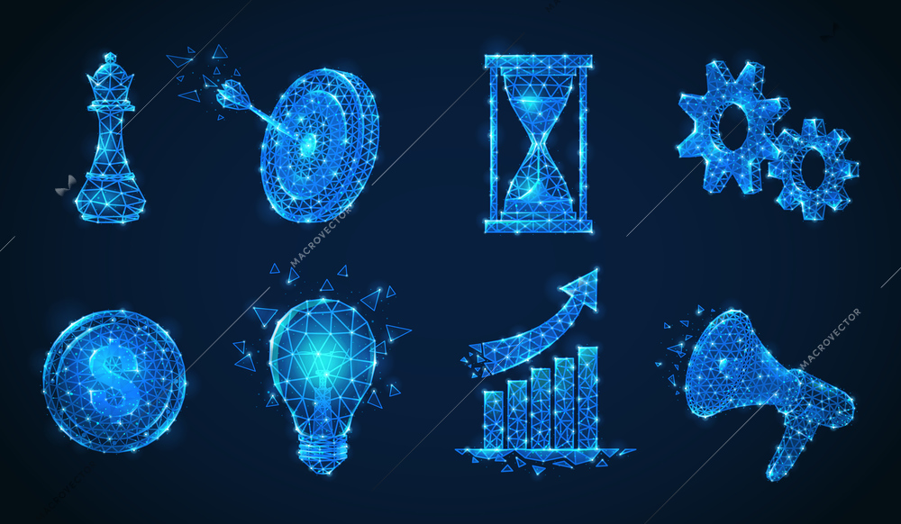 Set of isolated polygonal wireframe business strategy shining icons made of glittering particles and geometric figures vector illustration