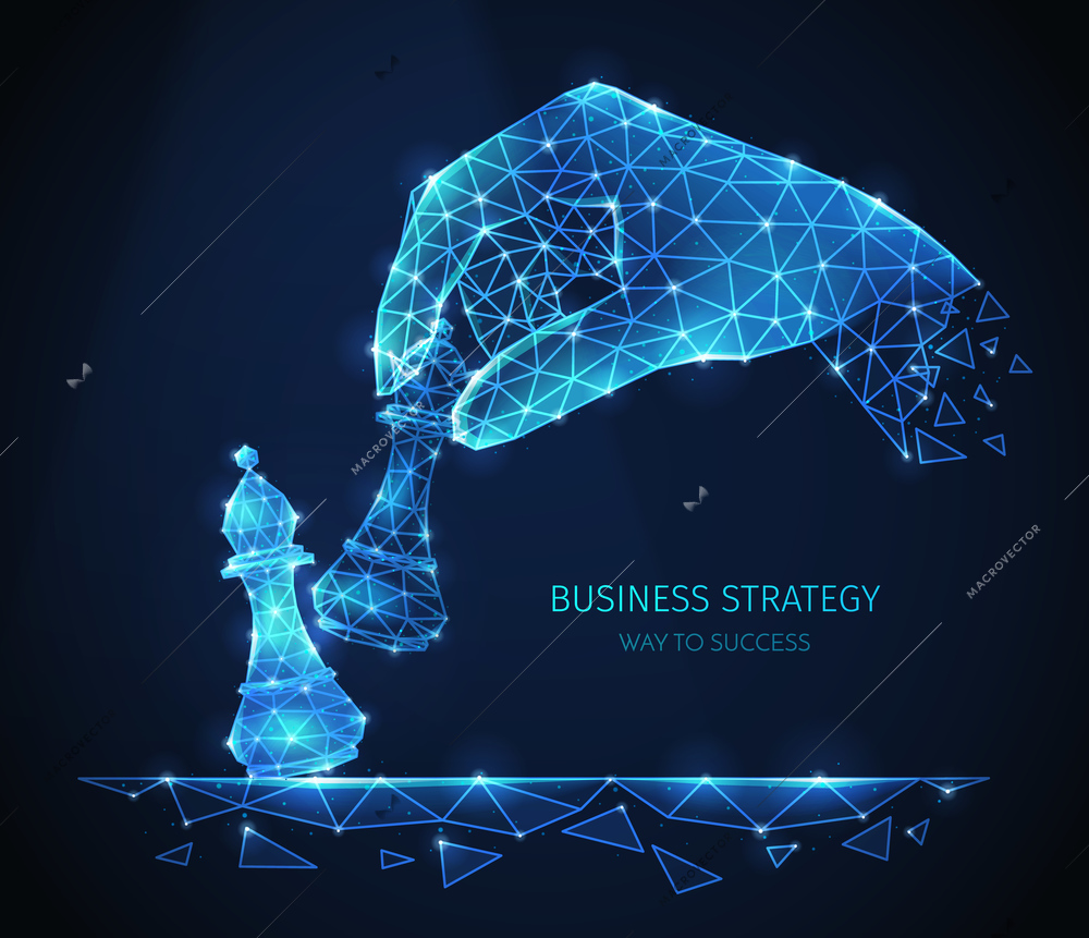 Polygonal wireframe business strategy composition with glittering images of human hand with chess pieces with text vector illustration