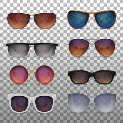 Sunglasses realistic set on transparent background with various models of modern fashionable sun goggles colourful images vector illustration