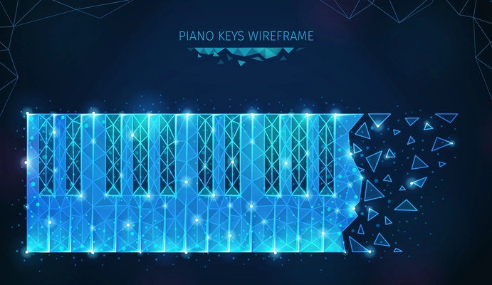 Music media polygonal wireframe composition with keys and shatters with shining particles geometric figures and text vector illustration