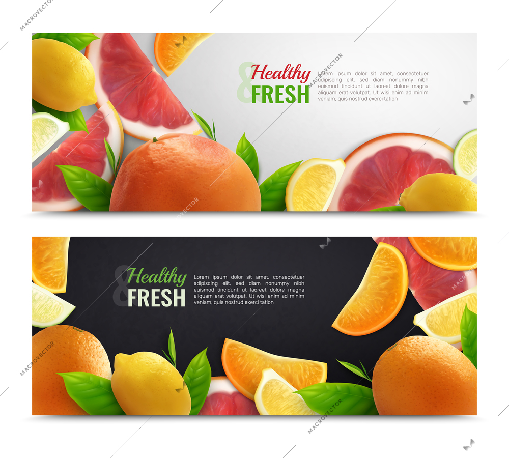Citrus colorful horizontal banners with fresh fruit set and healthy caption realistic vector illustration