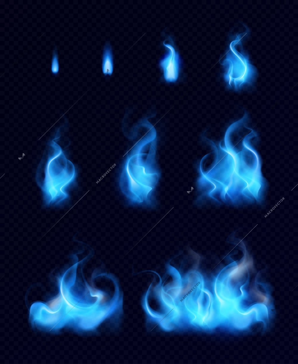 Blue gas flames realistic set of different forms and sizes on black background isolated vector illustration