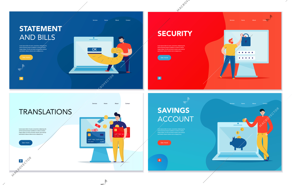 Set of four horizontal banners with various online banking operations on colorful background isolated vector illustration