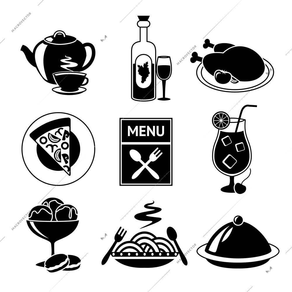 Restaurant food drink menu decorative black and white icons set isolated vector illustration.