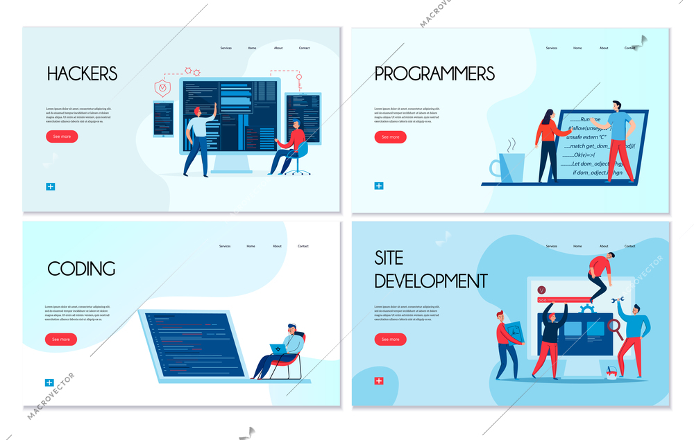 Flat design set of four horizontal banners with hackers and programmers at work isolated vector illustration