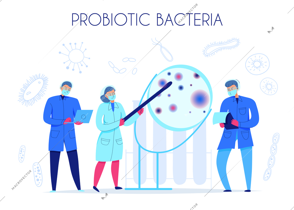 Three scientists investigating probiotic bacteria in science laboratory flat vector illustration