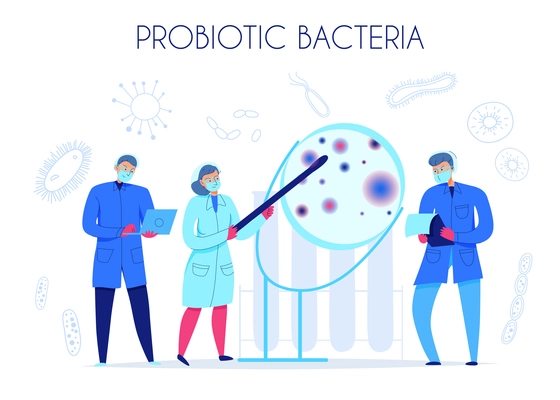 Three scientists investigating probiotic bacteria in science laboratory flat vector illustration