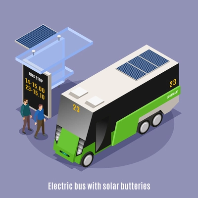 Smart urban ecology isometric background with view of modern bus shelter and electric omnibus with text vector illustration