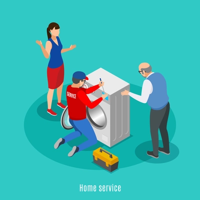 Service centre isometric background with characters of house masters and maytag repairman in uniform with text vector illustration