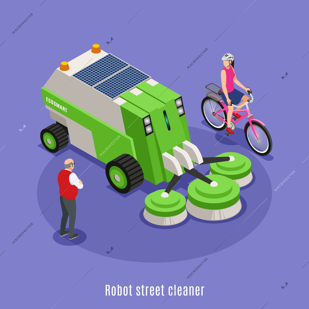 Isometric background with robot street cleaner car with circular brushes surrounded by people characters with text vector illustration