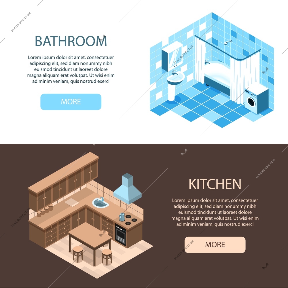 Interior design specialists online 2 isometric horizontal web banners with kitchen and bathroom organization ideas vector illustration