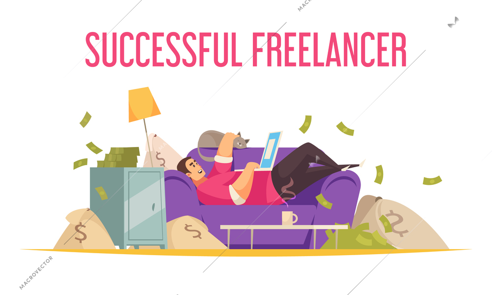 Remote work flat funny composition with successful freelancer on sofa with laptop bathing in money vector illustration
