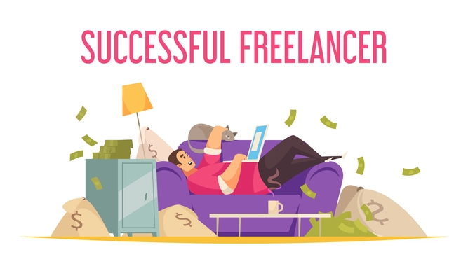 Remote work flat funny composition with successful freelancer on sofa with laptop bathing in money vector illustration