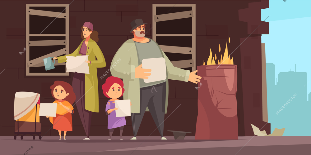 Poor man family with 2 little kids begging foor food money on street flat horizontal vector illustration