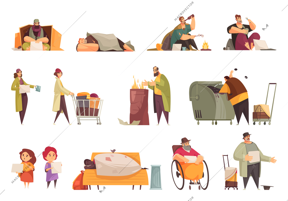 Poor homeless people begging money gathering food from garbage sleeping outdoor flat icons set isolated vector illustration