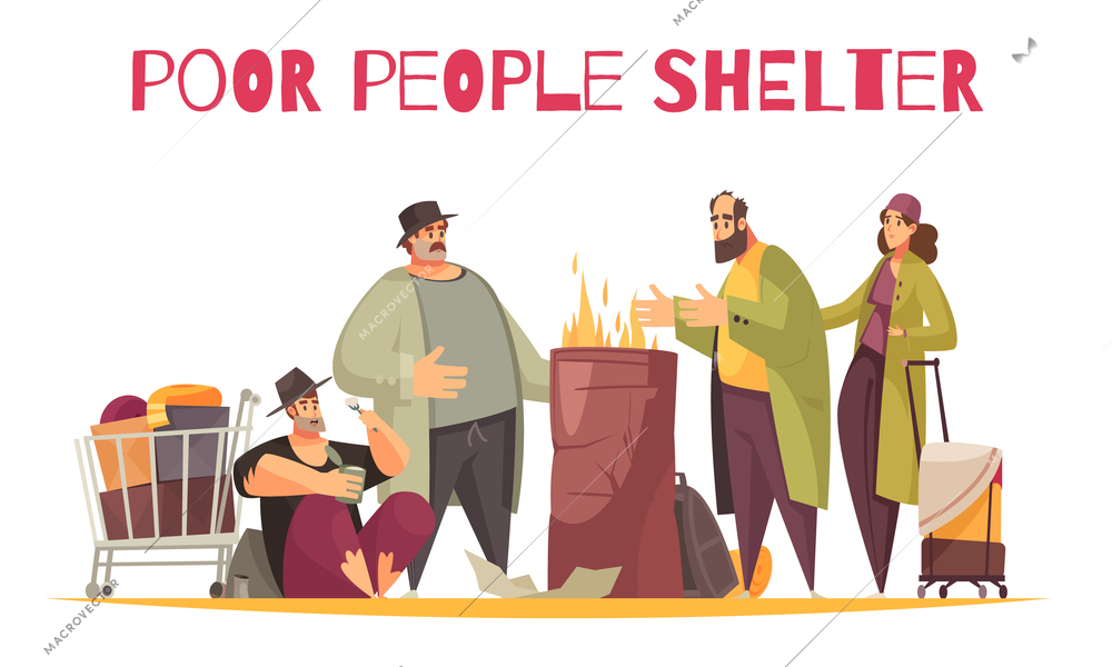 Poor homeless shelter outdoor flat comic composition with people burning fire surviving cold on street vector illustration