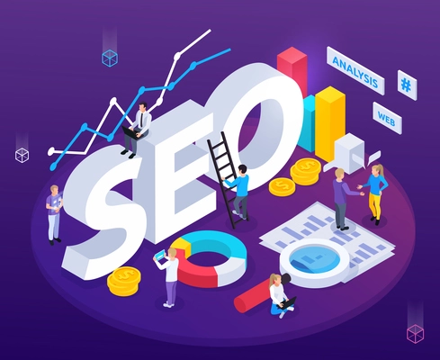 SEO analysis isometric composition with web optimization symbols vector illustration