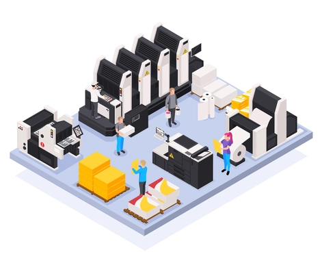 Printing house concept with polygraphy and creative team symbols isometric  vector illustration