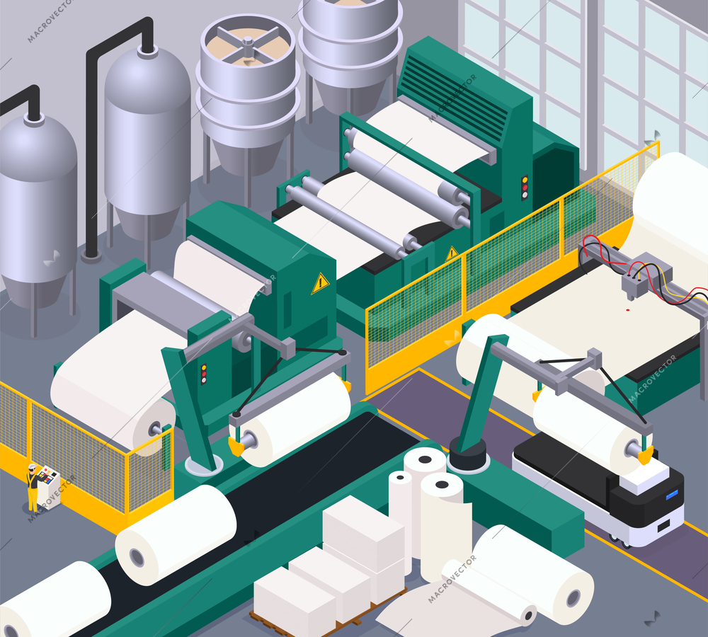 Paper production composition with conveyor and printing symbols isometric vector illustration