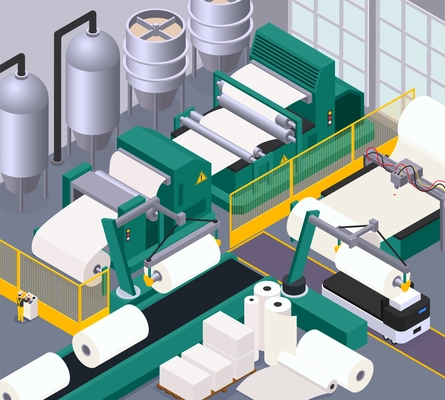 Paper production composition with conveyor and printing symbols isometric vector illustration