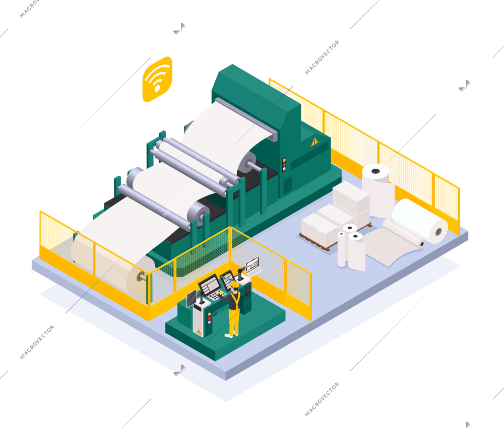 Paper production industry with newspaper and press symbols isometric  vector illustration