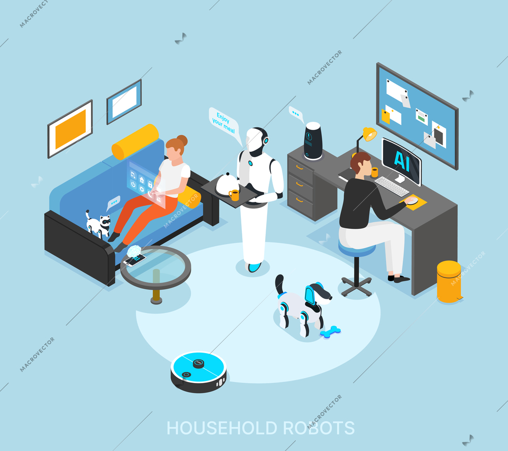 Robot integrated smart home with programmed humanoid cooking serving meals cleaning learning tasks isometric composition vector illustration