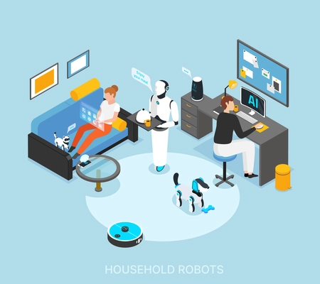 Robot integrated smart home with programmed humanoid cooking serving meals cleaning learning tasks isometric composition vector illustration