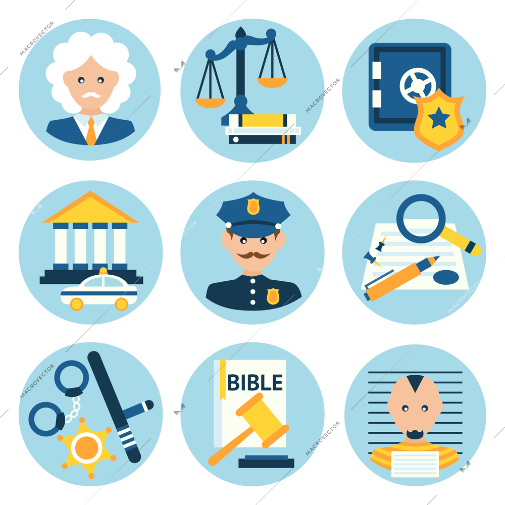 Law legal justice judge police and legislation icons set isolated vector illustration