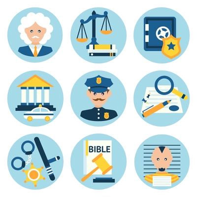 Law legal justice judge police and legislation icons set isolated vector illustration