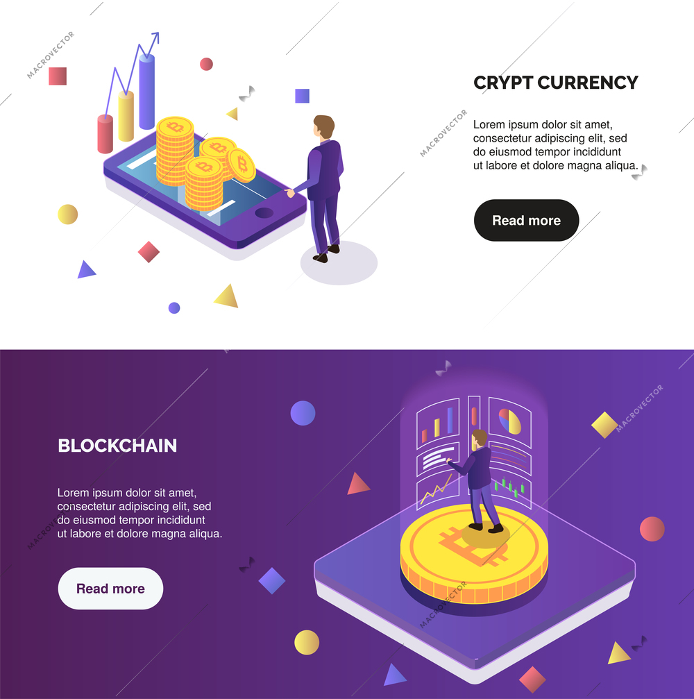 Cryptocurrency and blockchain horizontal isometric banners set with people do mining 3d isolated vector illustration