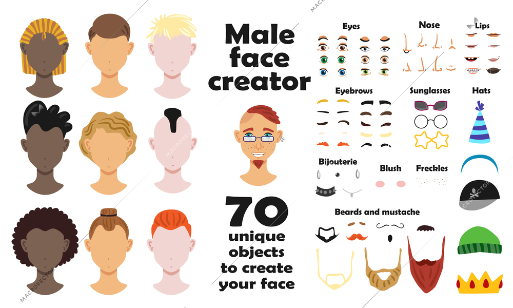 Male face creator set of portrait models and seventy unique objects to create face flat vector illustration