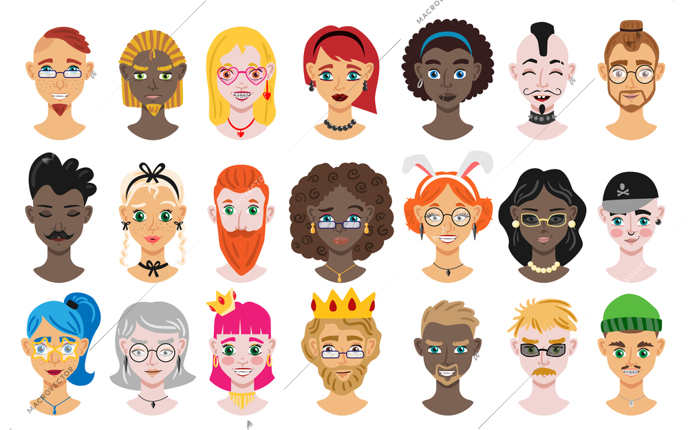 Male and female cartoon portrait set of different ethnicity age skin and hair color isolated vector illustration