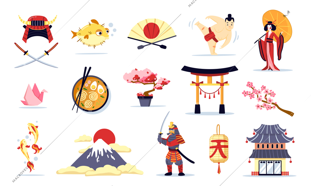 Japan symbols cartoon set of sunrise sushi sumo sakura woman in kimono with umbrella isolated vector illustration