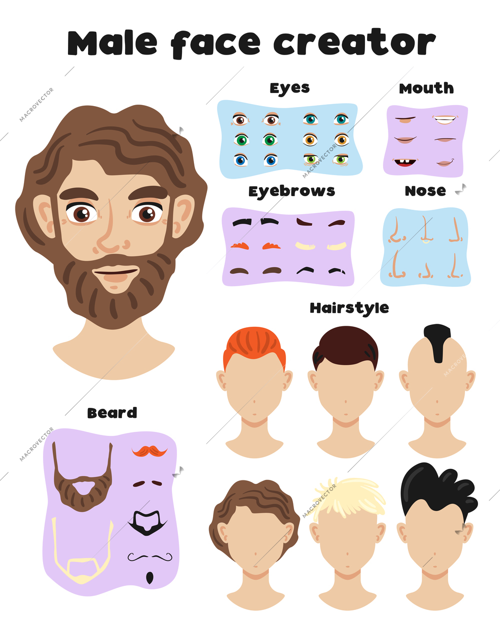 Male face creator set of elements and face templates with different hairstyle and hair colors vector illustration