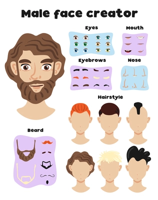 Male face creator set of elements and face templates with different hairstyle and hair colors vector illustration