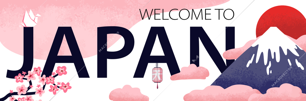 Welcome to japan horizontal banner with red sun rising behind snowy mountain in pink clouds flat vector illustration