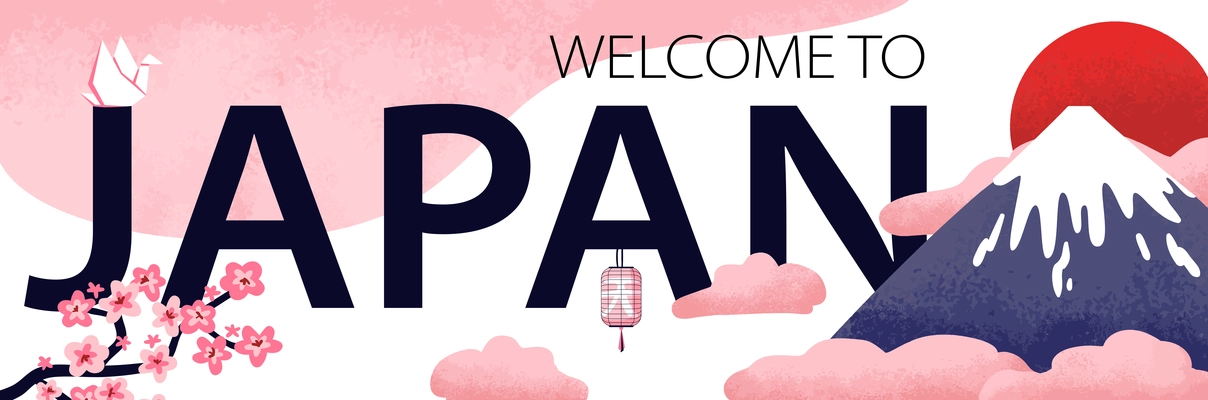 Welcome to japan horizontal banner with red sun rising behind snowy mountain in pink clouds flat vector illustration